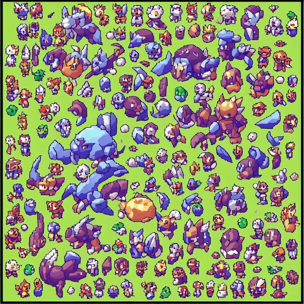 Image similar to pixelated pokemon monster inspired by ragnarok online, 1 2 8 bit, 1 0 0 0 x 1 0 0 0 pixel art, 4 k, super detailed, nintendo game, pixelart, high quality, no blur, sharp geometrical squares, concept pixelart