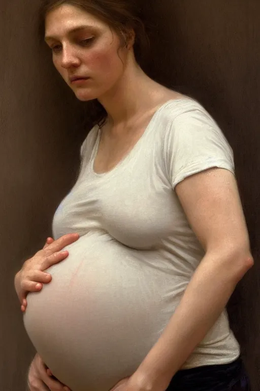 Prompt: pregnant woman in t-shirt by Alyssa Monks, Bouguereau. full-shot, urban dystopia, hyper realism, realistic proportions, dramatic lighting, high detail 4k