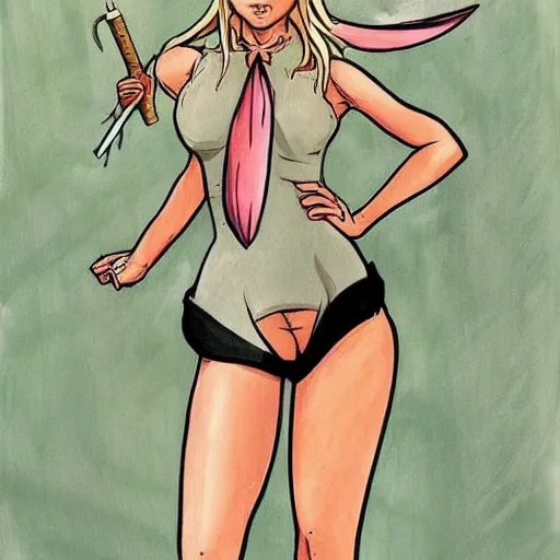 Image similar to britney spears, bunny suit, artwork in bleach art style, inspired in balthus, clean details, color palette, candy, anatomically proportional