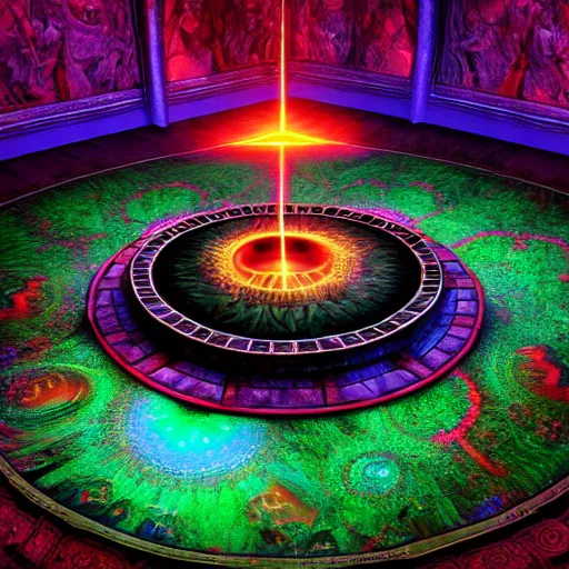 Image similar to Photorealistic magic sacrificial summoning circle. Hyperdetailed photorealism, 108 megapixels, amazing depth, glowing rich colors, powerful imagery, psychedelic Overtones, 3D finalrender, 3d shading, cinematic lighting, artstation concept art