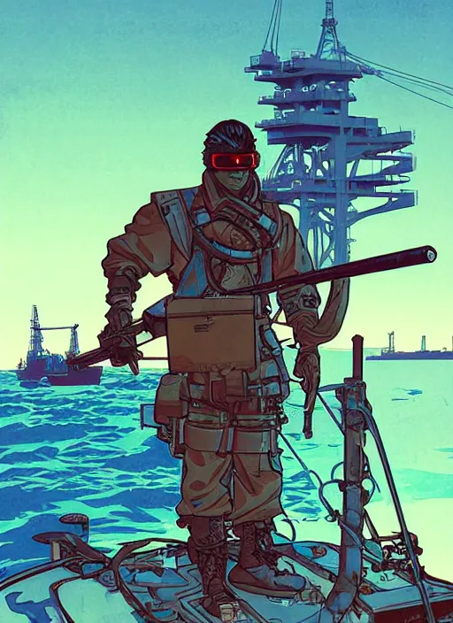 Prompt: cyberpunk japanese mercenary on the skiff. oil rig in the background. portrait illustration, pop art, art by ashley wood, alphonse mucha, laurie greasley and josan gonzalez. cinematic. dynamic lighting. realistic proportions. creative design. cell shading