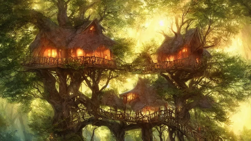 Image similar to beautiful treehouse in the woods ” beautiful dreamscape, digital art, concept art, detailed, lovely colors, art station, 3 - d 4 k, beautiful background, matte painting,,