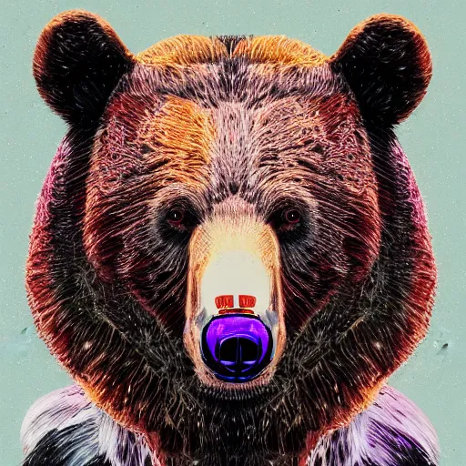 Prompt: close up head shot of a bear, contemporary collage, highly detailed, digital painting, 4 k, hdr, punk, fashion, smooth, sharp focus, art by nick knight, sandra chevrier and john hoyland