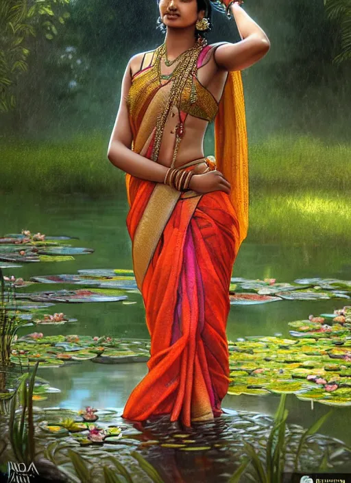 Image similar to a young indian lady wearing a sari relaxing by a pond, wet, shiny, fantasy, intricate, elegant, hyper detailed, ultra definition, photoreal, artstation, unreal engine rendered, concept art, smooth, sharp focus, illustration, art by artgerm and greg rutkowski and alphonse mucha and garis edelweiss