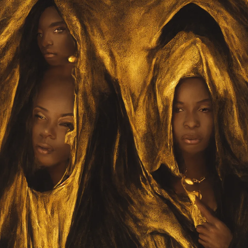 Prompt: a portrait of a young black woman wearing a long dark cloak, hood and shadows covering face, holding golden jewelry, oil painting, matte painting, black background, Volumetric Golden dappled dynamic lighting, Highly Detailed, Cinematic Lighting, Unreal Engine, 8k, HD, by Beksinski