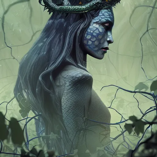 Prompt: dramatic portrait of the dark queen of snakes wearing a crown of snakes, blue skin, realism, dark fantasy illustration, surrounded by vines in a dead forest, dynamic lighting, octane render, artstation