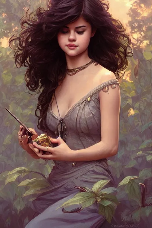 Image similar to very beautiful cottagecore selena gomez!!, intricate, stunning, highly detailed, digital painting, artstation, concept art, smooth, sharp, focus, illustration, art by artgerm and greg rutkowski and alphonse mucha