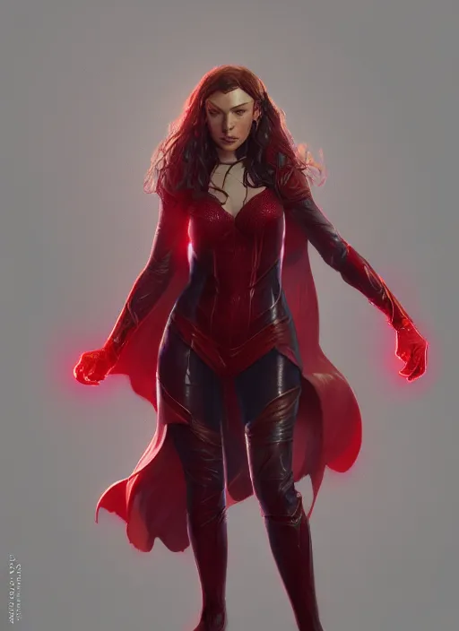 Image similar to Scarlet Witch, full body portrait, hyper detailed, digital art, trending in artstation, cinematic lighting, studio quality, smooth render, unreal engine 5 rendered, octane rendered, illustration, art style by klimt and krenz cushart