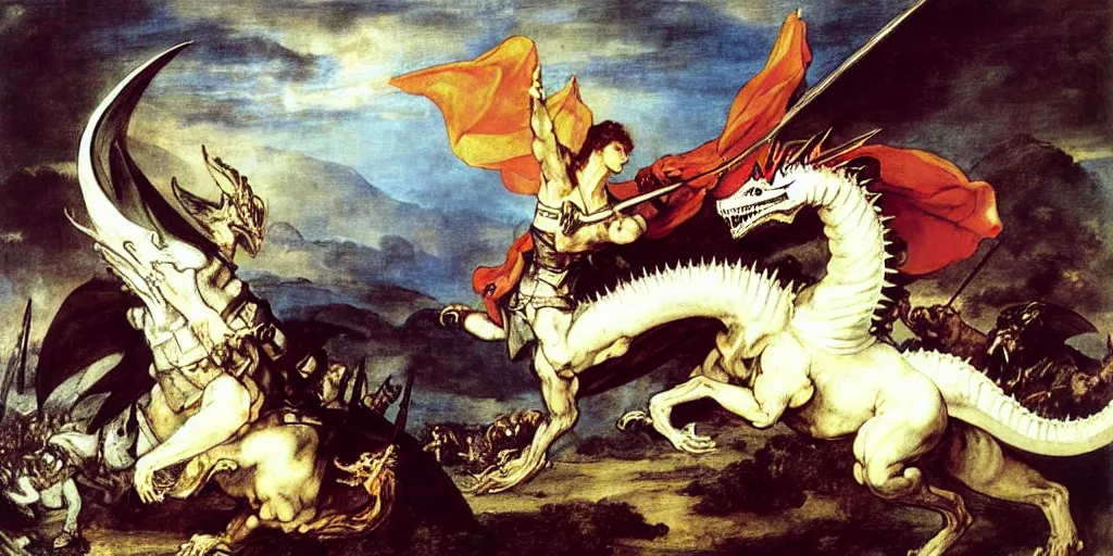 Image similar to knight fighting large white dragon, art by eugene delacroix, raphael