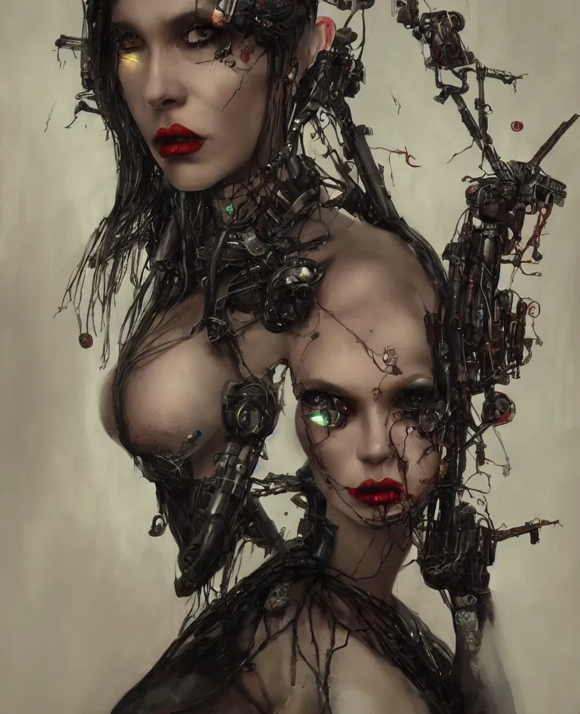 Image similar to a realistic portrait of a seductive cyberpunk woman, artstation contest winner, dark art, gerald brom, michael hussar, gothic, body horror, cronenberg