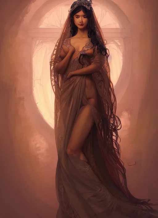 Image similar to cute brown woman wearing a transparent night gown and hanfu face veil, fantasy, intricate, highly detailed, digital painting, artstation, concept art, wallpaper, smooth, sharp focus, illustration, art by artgerm and greg rutkowski and alphonse mucha