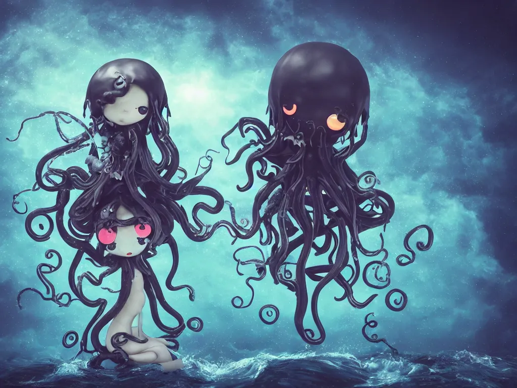 Image similar to cute fumo plush gothic octopus maiden alien girl swimming in the waves of the dark galactic abyss, tattered ragged gothic dress, ocean waves and reflective splashing water, vignette, vray