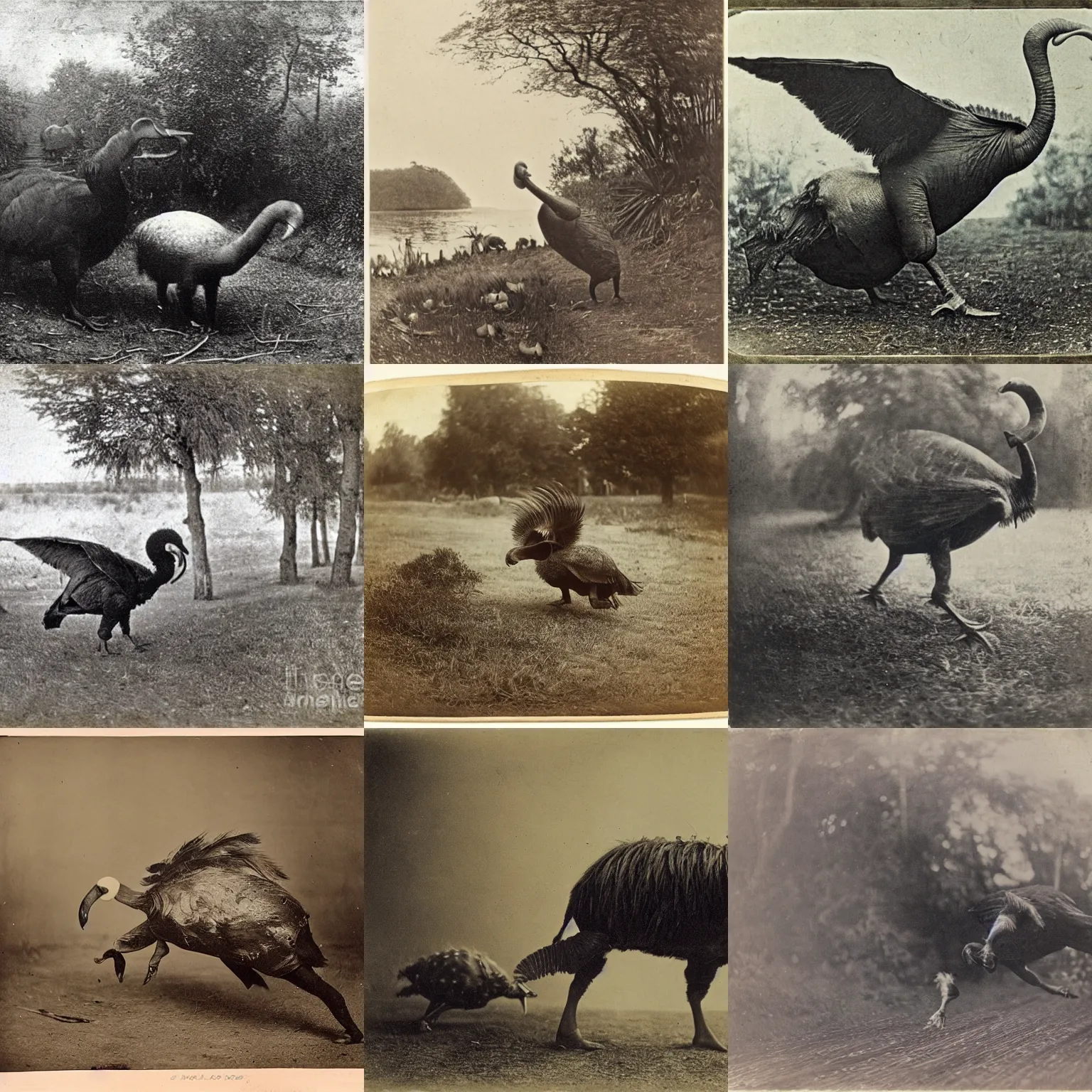 Prompt: 1 8 8 0 s photograph, a dodo being chased by a boar