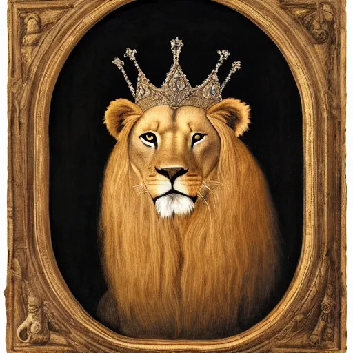 Prompt: a renaissance style portrait of a wild lion wearing a crown and a cape, dark background