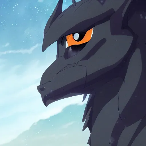 Image similar to high quality portrait of a black dragon. art by makoto shinkai, crunchyroll, pixiv, danbooru, hd, headshot, cinematic still, detailed anime face, bokeh, digital art, cel shading, vivid colors, ambient lighting