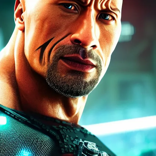 Prompt: dwayne johnson portrait, cyberpunk 2 0 7 7, photorealistic, ultra detailed, neon, octane, bokeh, cinematic lighting, cyber, cyberpunk city, studio quality, feature, scars, cyberface, 8 k