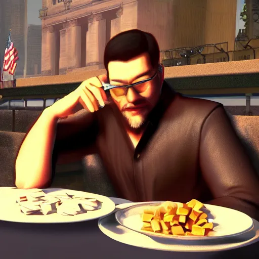 Prompt: jc denton from deus ex eats cereal at a table, liberty island, high quality, photorealistic, highly detailed face, 4 k, hd