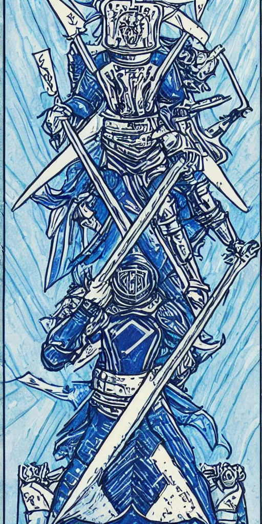 Prompt: Knight of Swords tarot card throne, space fantasy, symmetrical blue white and black, in the style of skottie young