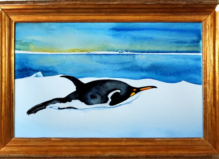 Image similar to a penguin sliding on the ice floe, watercolor, highly detailed, sunset light