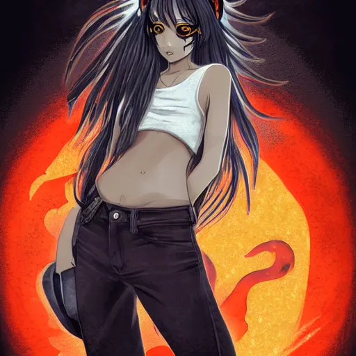 Prompt: anime wolf girl with wild black hair, glowing orange eyes and charcoal skin wearing a t-shirt and jeans, digital art, art station, illustration, highly detailed, artwork