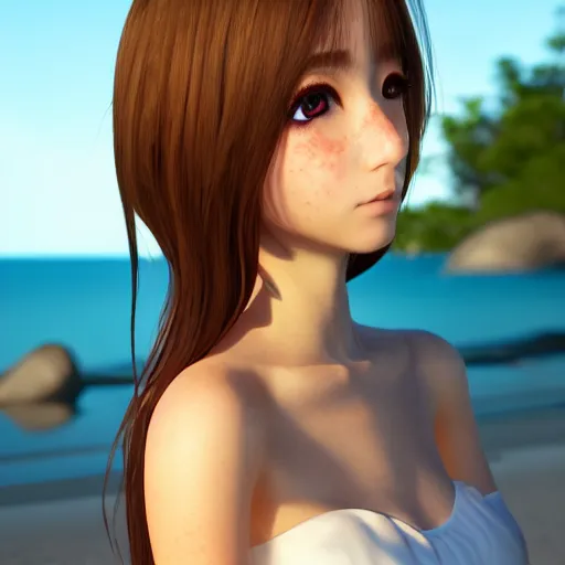 Image similar to portrait of a very beautiful 3d anime girl, long hair, hazel eyes, cute freckles, full round face, short smile, cute sundress, golden hour, serene beach setting, medium shot, mid-shot, highly detailed, trending on Artstation, Unreal Engine 4k