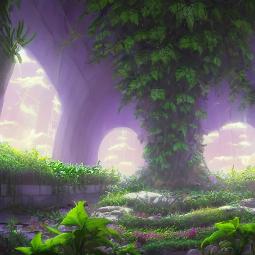 Image similar to paradise with a christian cross as the light is shining at the end of the tunnel, with pale purple and pale pink lighting, cute, aesthetic, anime, with a few vines and overgrowth, studio ghibli, cinematic, painting, high definition, digital art, symmetrical, very detailed, extremely high detail, photo realistic, concept art, unreal engine 5,