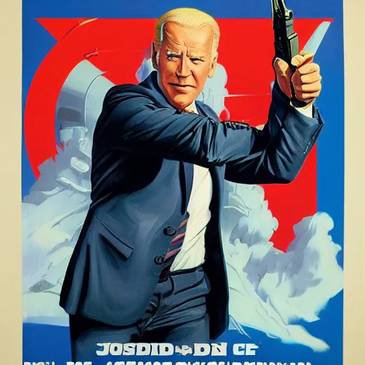 Image similar to propaganda poster of joe biden pointing gun directly at camera in james bond movie, closeup of gun, visible barrel and grip by j. c. leyendecker, bosch, lisa frank, jon mcnaughton, and beksinski