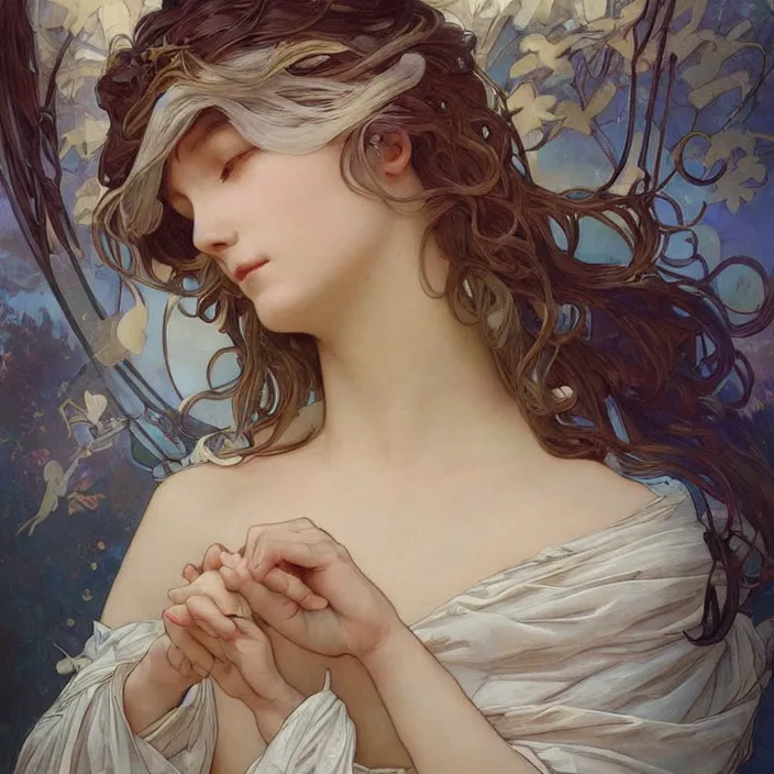 Image similar to a beautiful painting of a beautiful angel by ross tran!! and alphonse mucha and greg rutkowski! and gustav dore! and artgerm!!, in style of digital art illustration. symmetry. highly detailed face. fantasy, smooth, hyper detailed, sharp focus, soft light. trending on artstation. 4 k