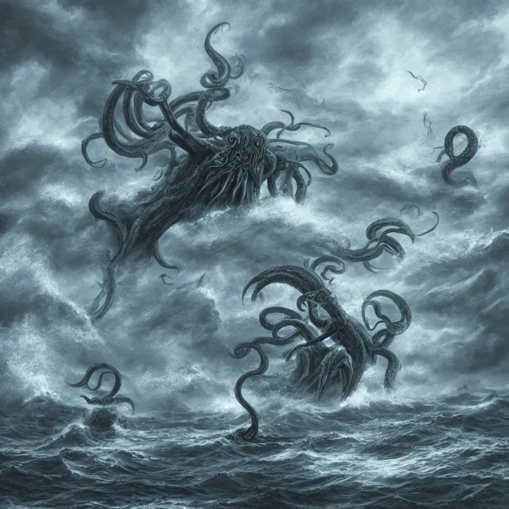 Image similar to A 600 meter high cthulhu fighting against a 500 meter Kraken on a stormy sea with boats around., photoreal