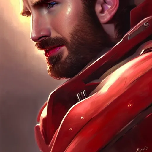 Image similar to handsome Chris Evans wearing a Red Power Armor, western, closeup, D&D, fantasy, intricate, elegant, highly detailed, digital painting, artstation, concept art, matte, sharp focus, illustration, art by Artgerm and Greg Rutkowski and Alphonse Mucha