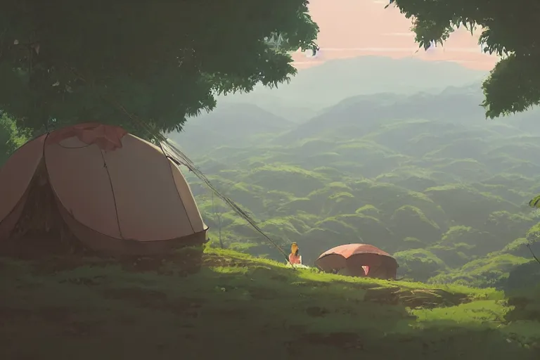 Prompt: A tent built on top of a very large mountain in the amazonian jungle, hanging veins, peaceful wide landscape, solarpunk, wide perspective, no humans, soft lighting, anime film still, by Makoto Shinkai and studio ghibli, cell shading, high details