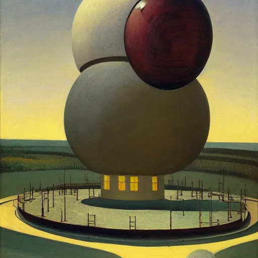 Prompt: giant spherical eye being lowered through the roof of a dome - shaped control center, grant wood, pj crook, edward hopper, oil on canvas