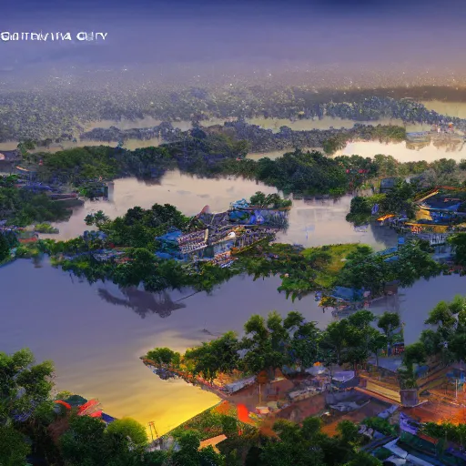 Image similar to beautiful guwahati city heavenly and peaceful landscape wide angle view, beautiful lighting, digital art , highly detailed , high contrast, beautiful lighting, award winning , trending on art station, 8k, photorealistic, unreal engine 5