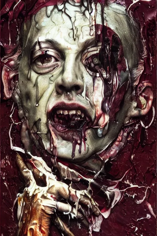 Image similar to portrait of medici convulsing and melting, paint drips, burgundy oil dripping down, Francis Bacon horror, by Caravaggio, Lucian Freud texture painting, Renaissance, John Singer Sargant, glitch, graffiti by Cy Twobmly writing and drawing all over the place