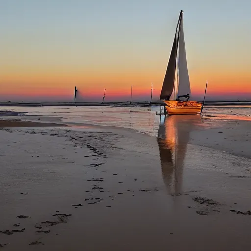 Prompt: sailboat stuck on sandbar at low tide, sunset, ewoks helping to push it free