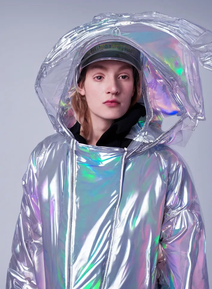 Image similar to an ultra high definition professional studio quality portrait photograph of a silver skinned android influencer wearing a transparent iridescent pastel coloured visor and matching wavey raincoat on white hook in a sheer icelandic black rock environment. three point light. dramatic lighting. volumetric shadows. light rays