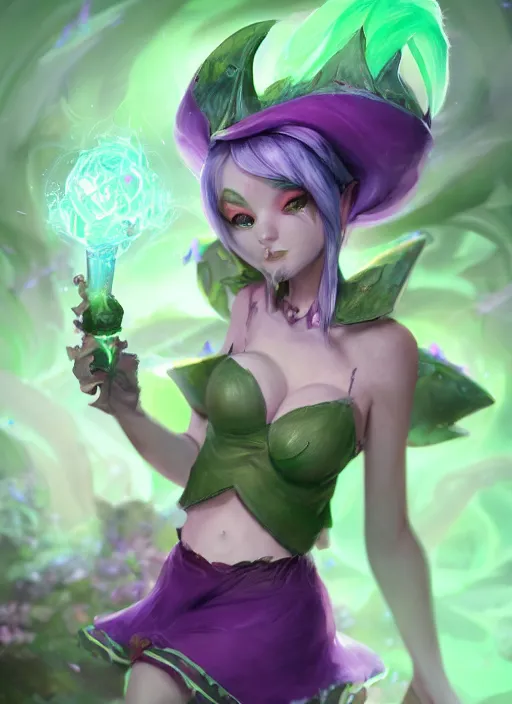 Image similar to lulu short fairy witch with green eyes, from league of legends, purple skin, au naturel, hyper detailed, digital art, trending in artstation, cinematic lighting, studio quality, smooth render, fluorescent skin, unreal engine 5 rendered, octane rendered, art style by klimt and nixeu and ian sprigger and wlop and krenz cushart