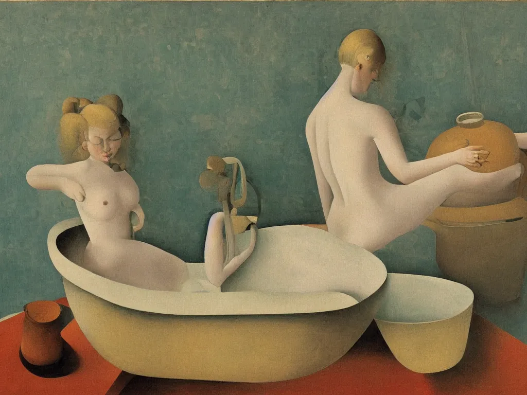 Image similar to Portrait of a blonde woman in the bathtub with amphora and crane. Painting by Balthus, Morandi, Georgia O'Keefe