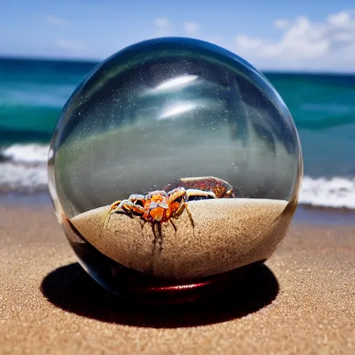 Image similar to a transparent sphere on a beach with a crab looking at it