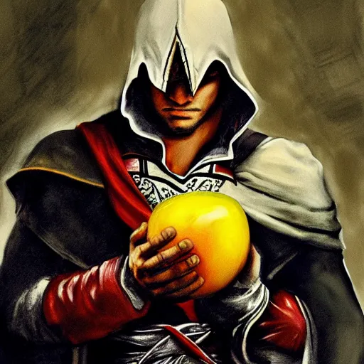 Image similar to painting of ezio auditore holding a golden apple