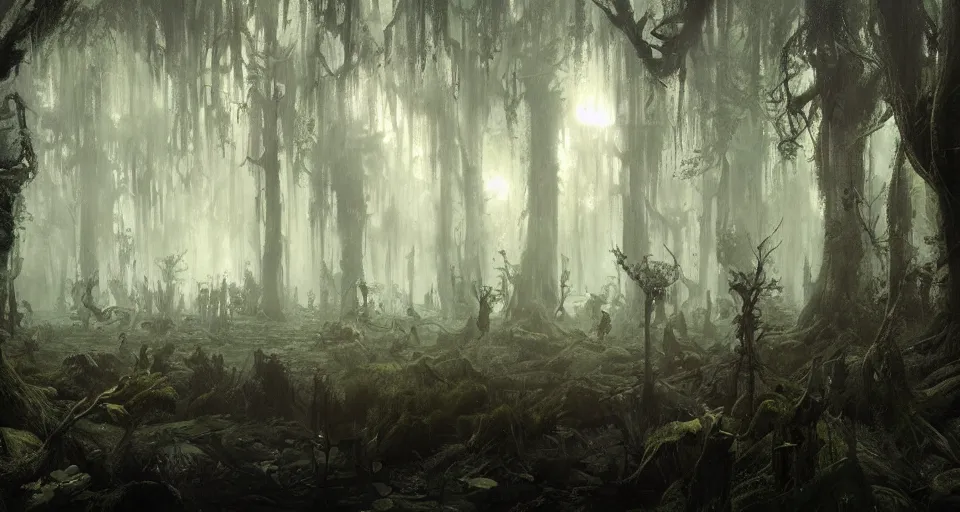 Image similar to A dense and dark enchanted forest with a swamp, by Greg Rutkowski