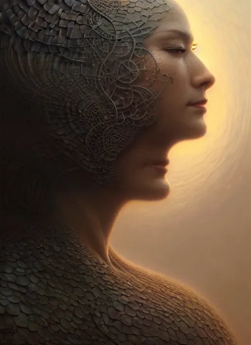 Image similar to closeup portrait shot of a meditation in another dimention in a scenic dystopian environment, intricate, elegant, highly detailed, centered, digital painting, artstation, concept art, smooth, sharp focus, illustration, artgerm, tomasz alen kopera, peter mohrbacher, donato giancola, joseph christian leyendecker, wlop, boris vallejo