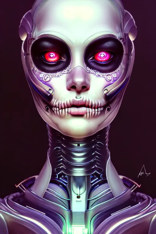 Image similar to ultra detailed portrait of a female android, eyes closed, sci - fi, moody, calm, ( dia de los muertos ), asymmetrical, intricate concept art, art by artgerm and giger and michael welan and alphonse mucha and loish and wlop