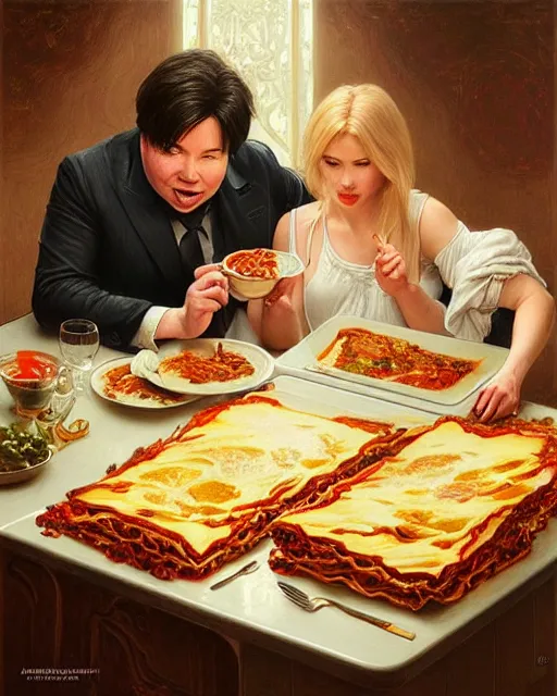 Prompt: Portrait of Michael Mcintyre & a blonde lady eating lasagna on r das flores in Porto,real life skin, intricate, elegant, highly detailed, artstation, concept art, smooth, sharp focus, art by artgerm and greg rutkowski and alphonse mucha