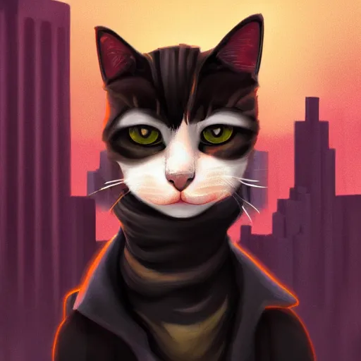 Prompt: digital painting of a cat dressed like a thief in a scenic urban environment, night time, trending on artstation