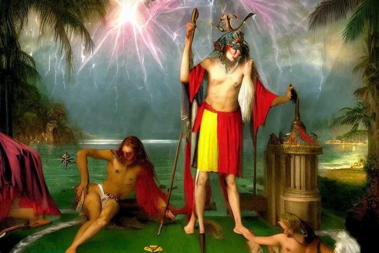 Prompt: Jester knight at the palace of the occult, refracted sparkles, thunderstorm, greek pool, beach and Tropical vegetation on the background major arcana sky and occult symbols, by paul delaroche, hyperrealistic 4k uhd, award-winning, very detailed paradise