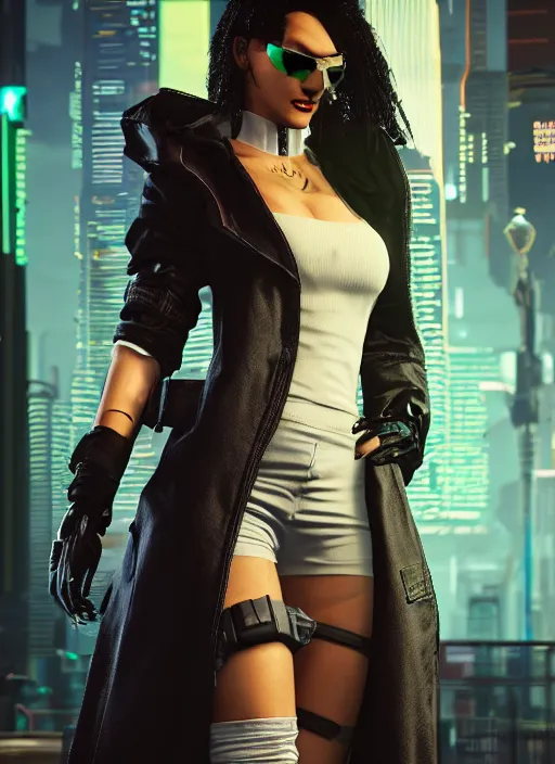 Image similar to black haired woman in a trench coat in a black cyberpunk 2 0 7 7, full body, intricate, highly detailed, face enhance, realistic