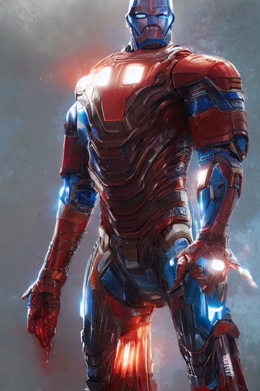 Image similar to Portrait of Willem Dafoe as Iron Patriot, marvel comics, dark, intricate, highly detailed, smooth, artstation, digital illustration by Ruan Jia and Mandy Jurgens and Artgerm and Wayne Barlowe and Greg Rutkowski and Zdislav Beksinski