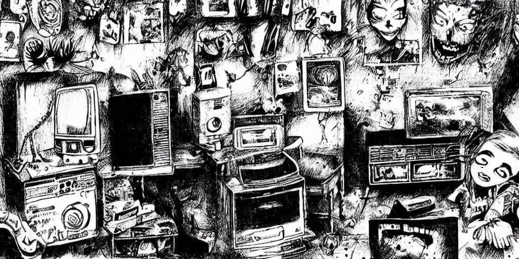 Prompt: A room with a tv and video-game, horror, creepy, dark, manga, hq, pencil, inspired by junji ito, superior quality, masterpiece