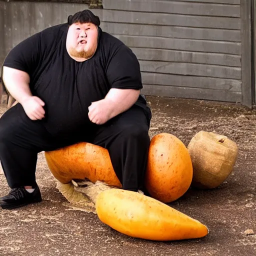 Image similar to a dramatic photo of a slightly fat man smashing a giant yam